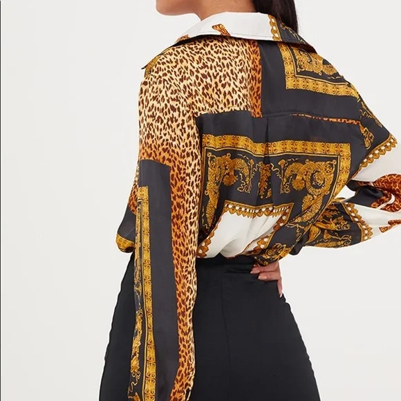 PLT Black Leopard Print Satin Oversized Shirt - Picture 2 of 5